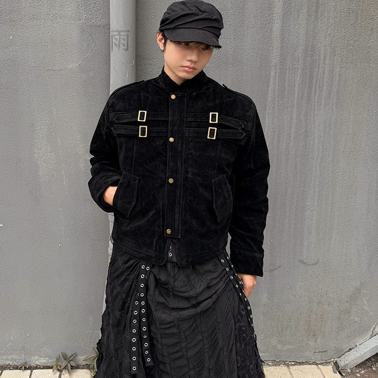 IHF&ldquo;高拣泉&rdquo;日系复古立领麂皮工装夹克男短款多口袋设计感外套