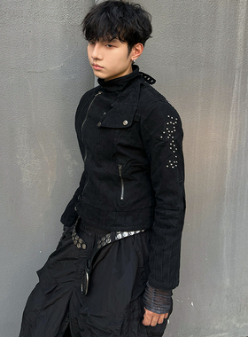 IHF“九间”秋冬钉珠日系修身LGB复古黑色夹克外套亚vintage时尚