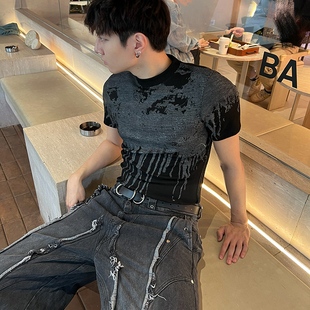 IHF“深度思考”涂鸦泼墨像素印花弹力紧身收腰显瘦亚文化短袖T恤