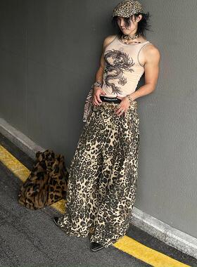 IHF“斑纹全开”豹纹低腰超阔腿嬉皮士Y2K部落男女高级轻亚牛仔裤