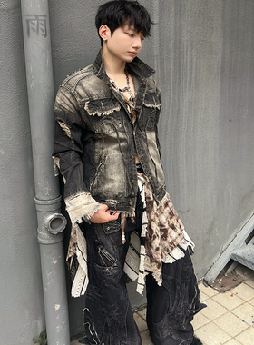 IHF“流瀑”复古做旧牛仔外套男街头风破洞毛边重工机车夹克潮流
