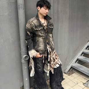 IHF“流瀑”复古做旧牛仔外套男街头风破洞毛边重工机车夹克潮流