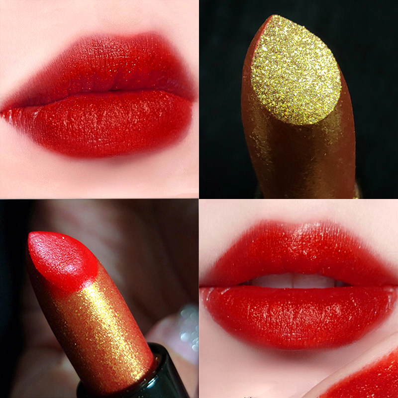 舞台妆正红色细闪自然金粉口红气场十足气质艳色大红色口红可演出
