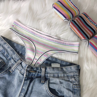 丁字裤女内纯棉透气瑜伽健身运动t字裤欧美性感纯欲条纹女士内裤