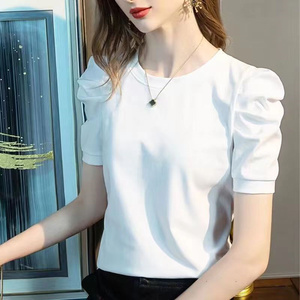 纯色短款T恤女泡泡短袖夏季新款时髦显瘦修身半袖打底小衫上衣
