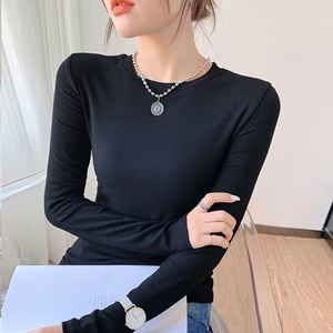 纯色螺纹短款套头T恤女长袖2023年春秋新款修身圆领打底上衣百搭