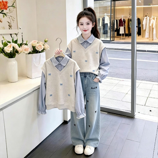 女童假两件卫衣春秋2026新款洋气儿童春装上衣大童春季时髦POLO衫