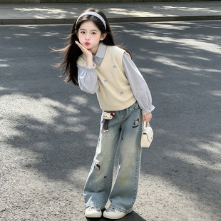 女童套装秋装2026新款假两件长袖衬衫牛仔裤学生女孩秋季开学穿搭