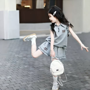 童装女童夏套装2026新款洋气儿童夏日绝美无袖polo短裤纯棉两件套
