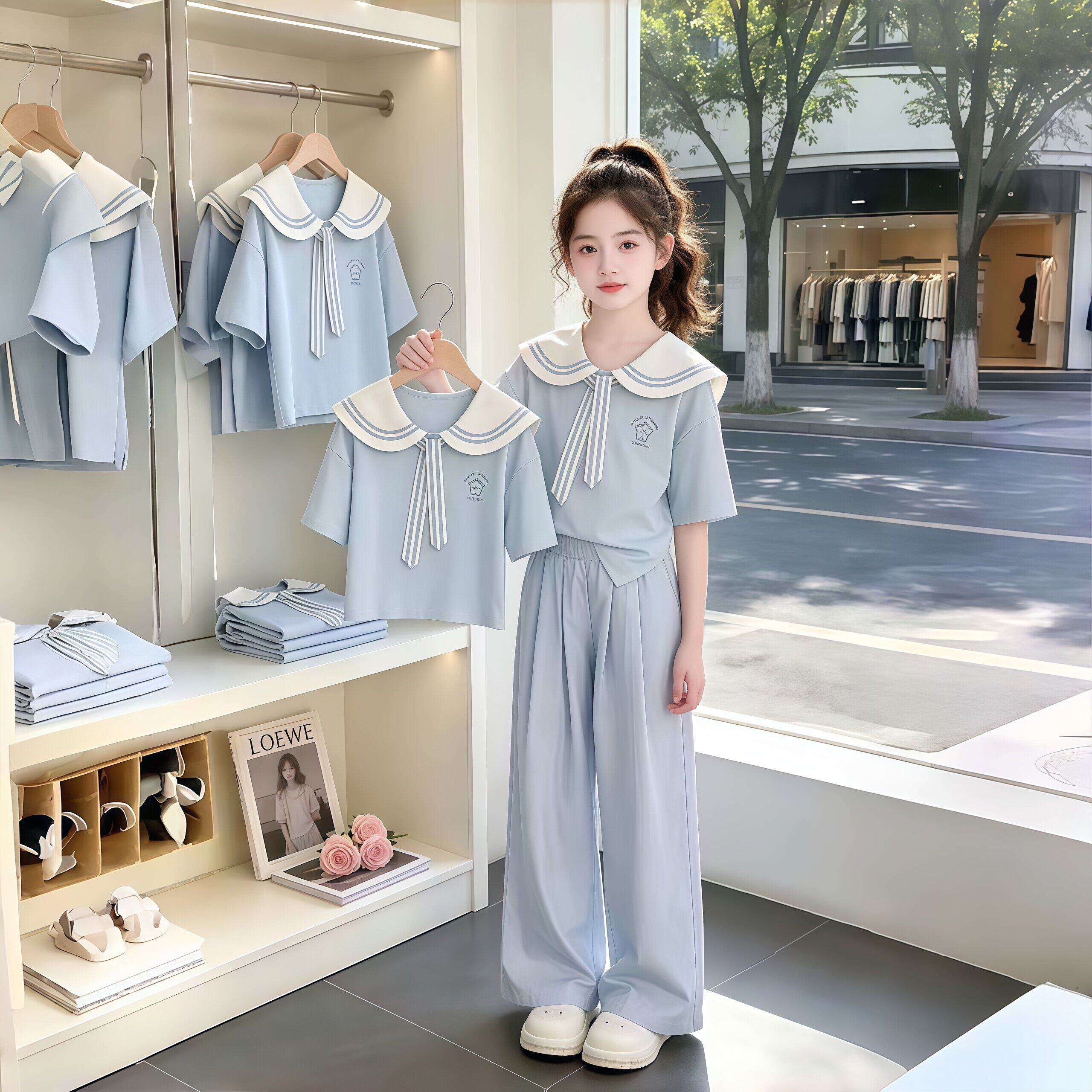 女童学院风套装夏2026新款儿童夏季独特漂亮短袖夏装女大童阔腿裤