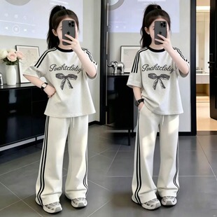 女童套装2026新款中大童气质蝴蝶结三杠T恤短袖休闲条纹运动套装