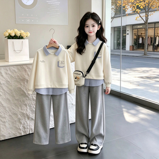 女童假两件套装秋季2026新款儿童Polo领卫衣女孩秋装运动裤两件套