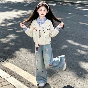 女大童秋季套装2026新款中大童韩系时尚假两件卫衣牛仔裤两件套潮