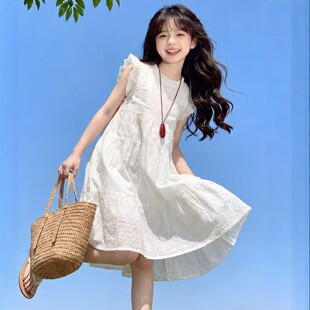 女童白色连衣裙夏装2026新款女大童夏日韩系公主裙高级感飞袖裙子