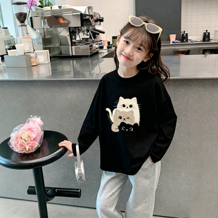 卡通黑色纯棉女童长袖t恤春秋2026新款超好看儿童上衣漂亮打底衫