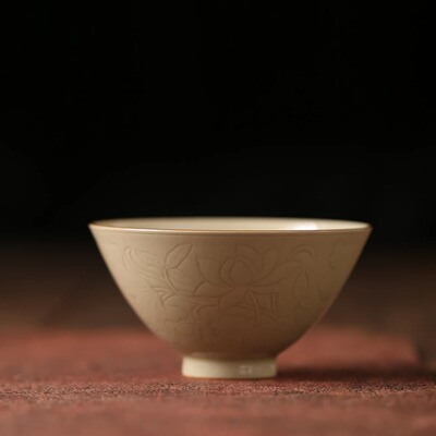 景德镇蔓生手工陶瓷茶杯复古刻绘荷花主人杯功夫茶具品茗杯礼盒装