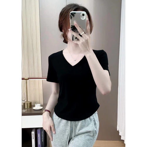 V领弧形下摆纯棉短袖t恤女夏季2025新款修身显瘦上衣正肩百搭打底