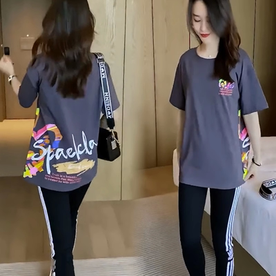 纯棉短袖t恤女夏季2026新款时尚洋气宽松大码遮肚休闲上衣中长款