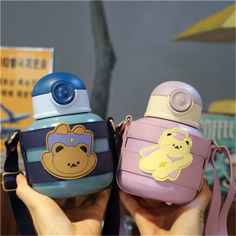 可爱卡通小熊大肚水杯儿童幼儿园便携弹跳吸管杯316不锈钢保温杯