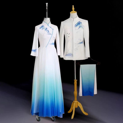 成人大合唱演出服女长裙男女中国风红歌比赛诗歌朗诵合唱团演出服