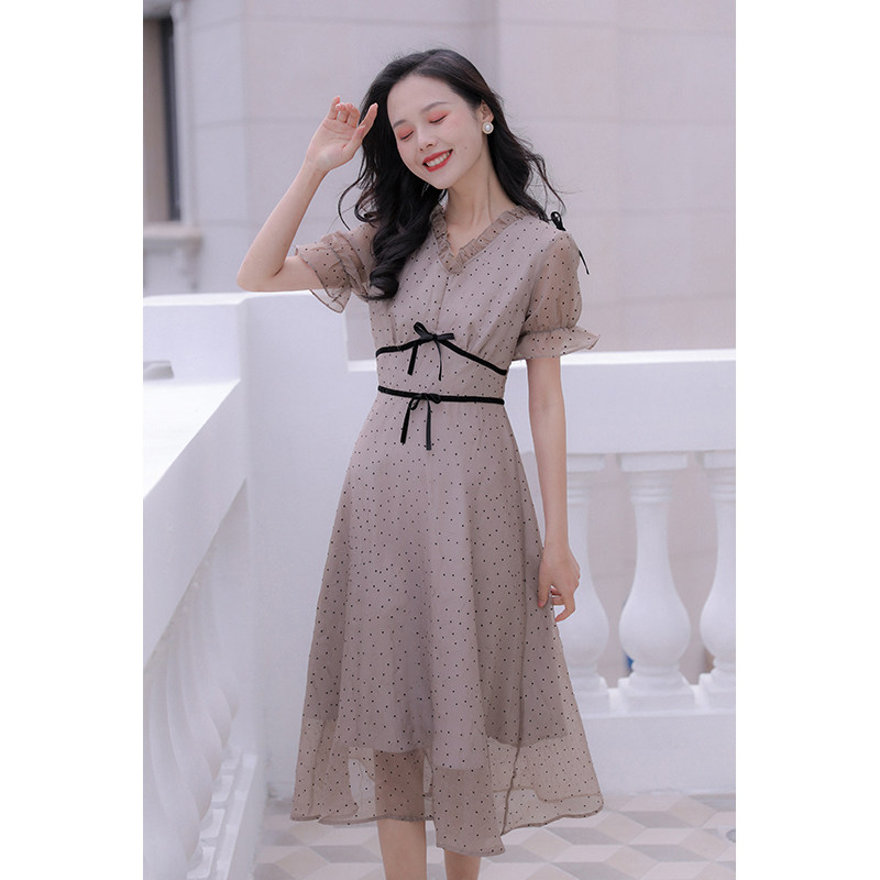 2022夏季新款女装裙子修身显瘦法式复古波点温柔风甜美连衣裙长裙