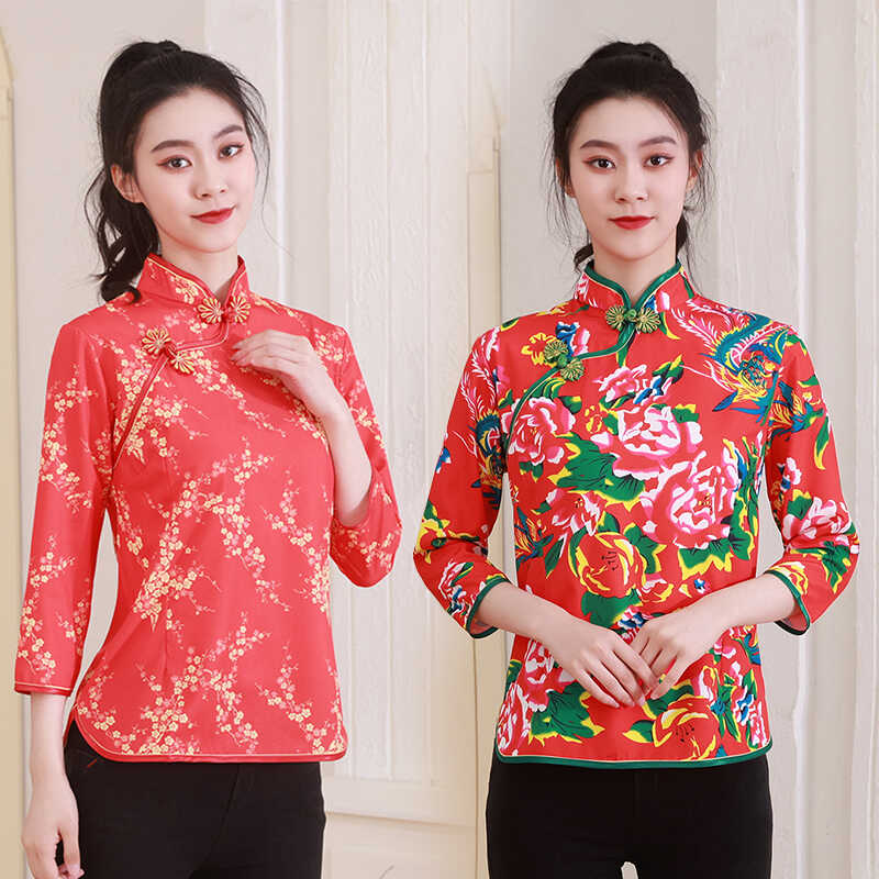 女士七分袖中式唐装上衣酒店工作服演出服中国风民族气质修身复古