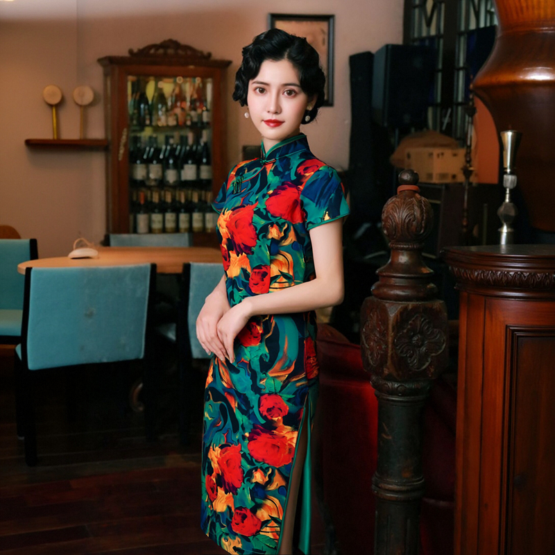 2025春夏新款印花旗袍连衣裙短袖中长款改良复古旗袍时尚潮流