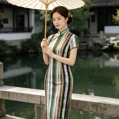 夏国潮风旗袍女新款印花修身显瘦复古风涤纶连衣裙竖条纹2026