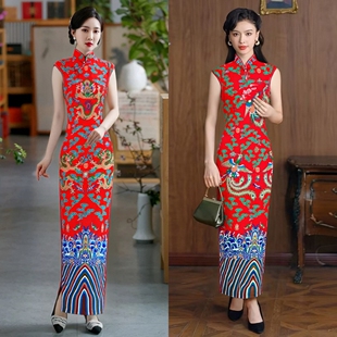 改良加长款 旗袍红色宴会晚礼服妈妈高贵走秀演出服 中式 新款