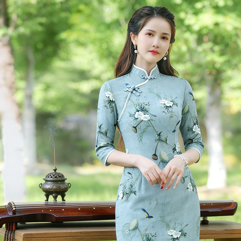 国风荷花印花旗袍女春季七分袖修身显瘦日常长款旗袍裙2026春款