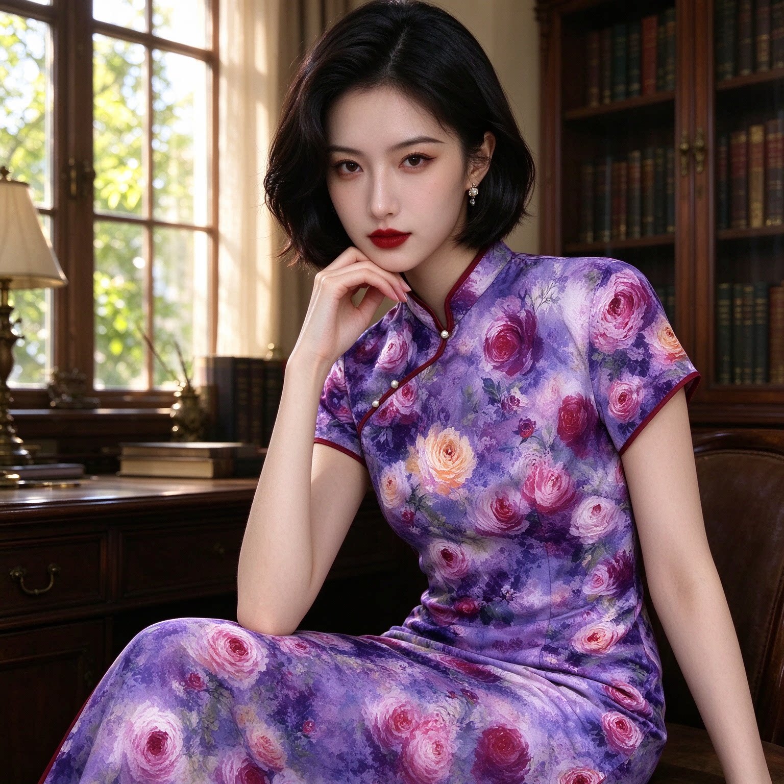 油画风大花印花短袖长旗袍女夏季短袖珍珠扣垂坠显瘦宴会旗袍长裙