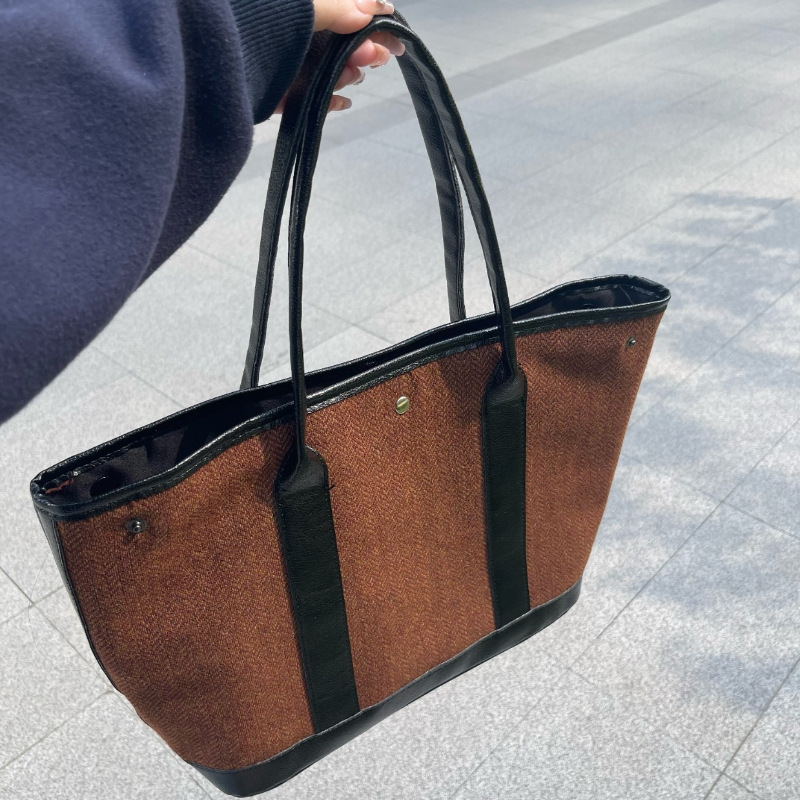 秋冬新款休闲毛呢手提包棕色复古单肩包大容量时尚百搭简约托特包