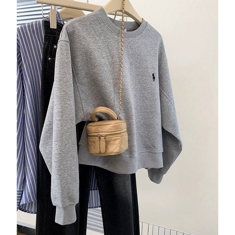 新早秋美式灰色圆领套头无帽卫衣女春秋季小个子宽松长袖上衣女