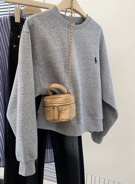 新早秋美式灰色圆领套头无帽卫衣女春秋季小个子宽松长袖上衣女