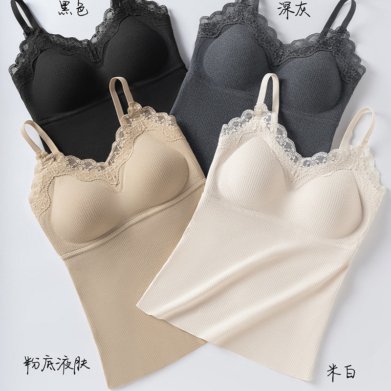 秋冬新款简约螺纹保暖吊带背心V领可外穿蕾丝花边一体固定杯文胸