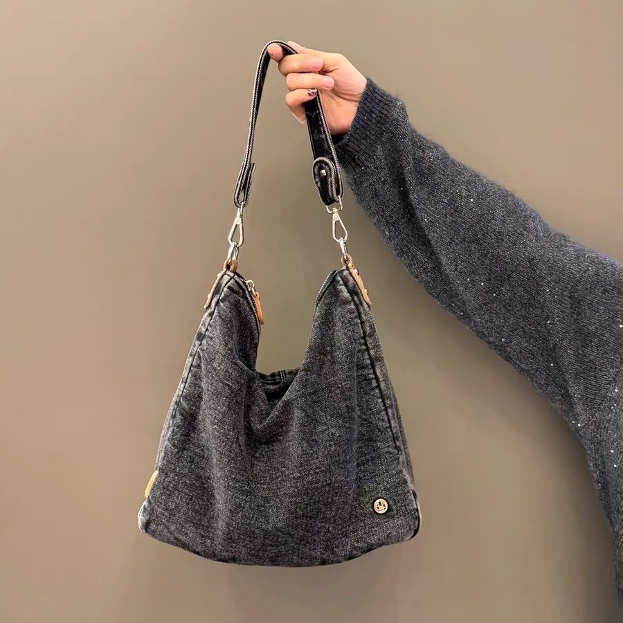 百搭水洗牛仔布包包慵懒风托特包大容量单肩包休闲复古斜挎手提包