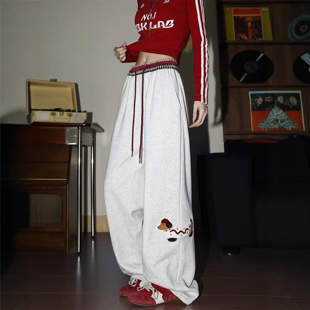 美式复古腊肠狗运动卫裤女2025新款春季宽松阔腿直筒高街休闲裤子