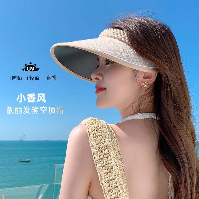 2025春夏小香风靓丽发箍空顶帽新款韩版百搭珍珠黑胶防晒帽子女