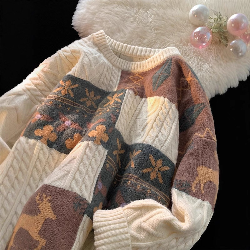 毛衣男冬季加厚慵懒打底内搭针织衫复古拼接保暖宽松线衣外套