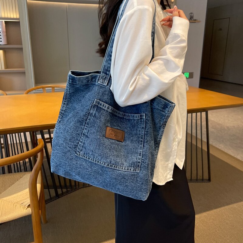 牛仔帆布单肩包女新款大容量购物袋小众文艺托特包休闲包包女