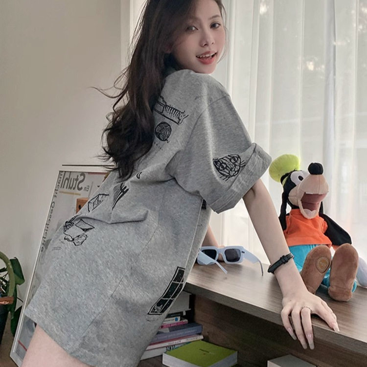 胖mm特大码300斤趣味卡通印花纯棉短袖t恤女夏新款宽松中长款上衣