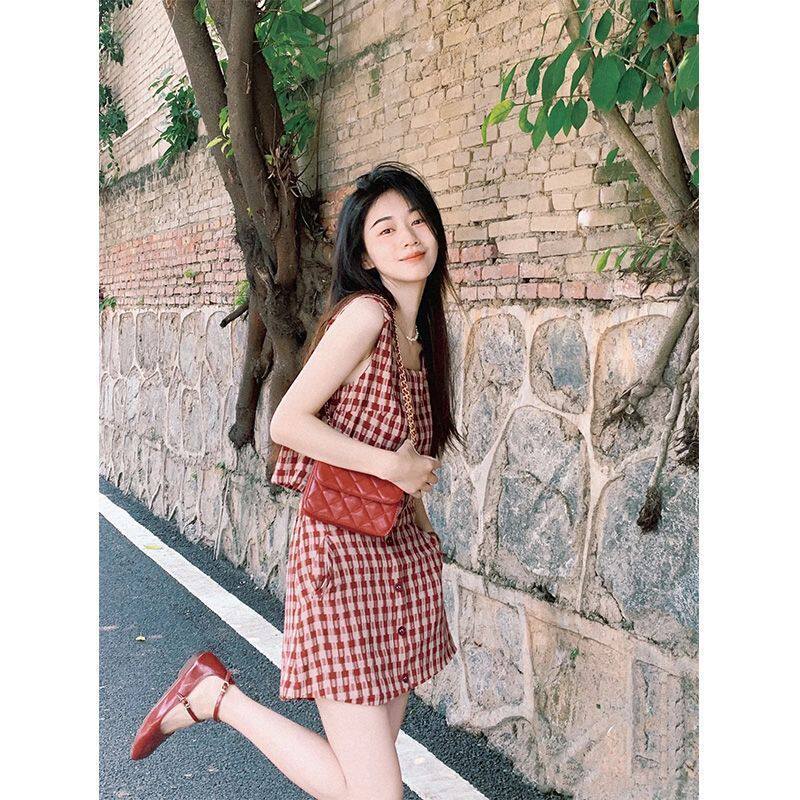 红色复古格子吊带背心连衣裙女夏季半身裙高腰短裙套装两件套裙子