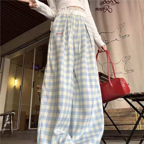 韩版宽松阔腿蓝白格子裤超轻高腰长裤适用18-25岁时尚青年女