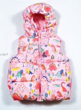 英国NE*T女童74码80码新款粉色底卡通恐龙棉背心保暖连帽棉服
