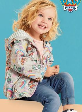 英国NE*T女童灰色底汪汪队狗狗彩虹涂鸦防水连帽风衣