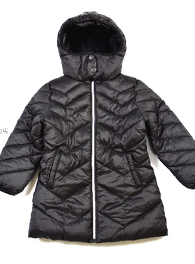 英国NE*T女童黑色中长款绗缝加绒长拉链保暖连帽棉服SP4-11岁