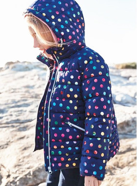 英国NE*T女大童9岁（134）深蓝色彩色圆点连帽加厚中款防水棉服