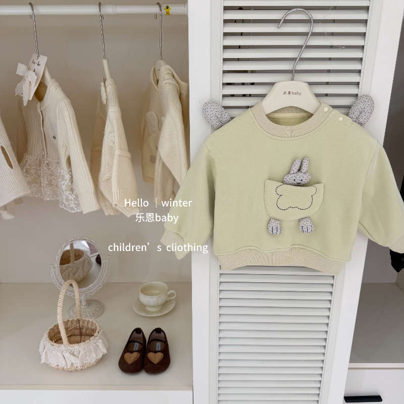 【乐恩baby】可爱兔！新款秋冬男女童奶黄色加绒卫衣女宝韩版