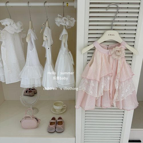 【乐恩baby】粉雾花漾！2026女童夏款粉色花朵度假风挂脖蕾丝裙子