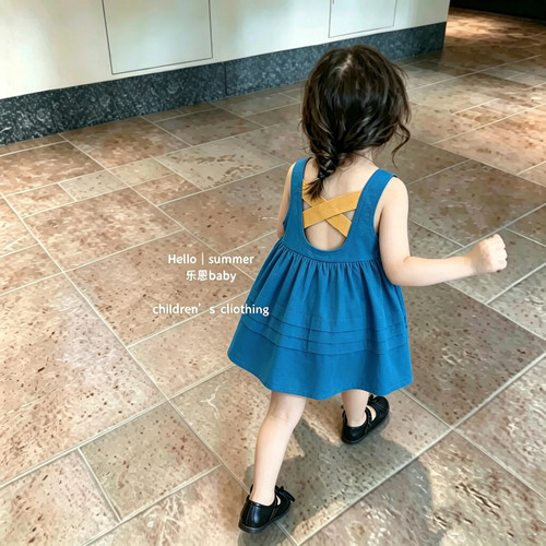 【乐恩baby】美神降临！原创夏2026女童孔雀蓝后背交叉露背背心裙